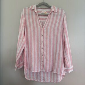C&C California Oversized Linen Pink and White Striped Button-Down Shirt Small